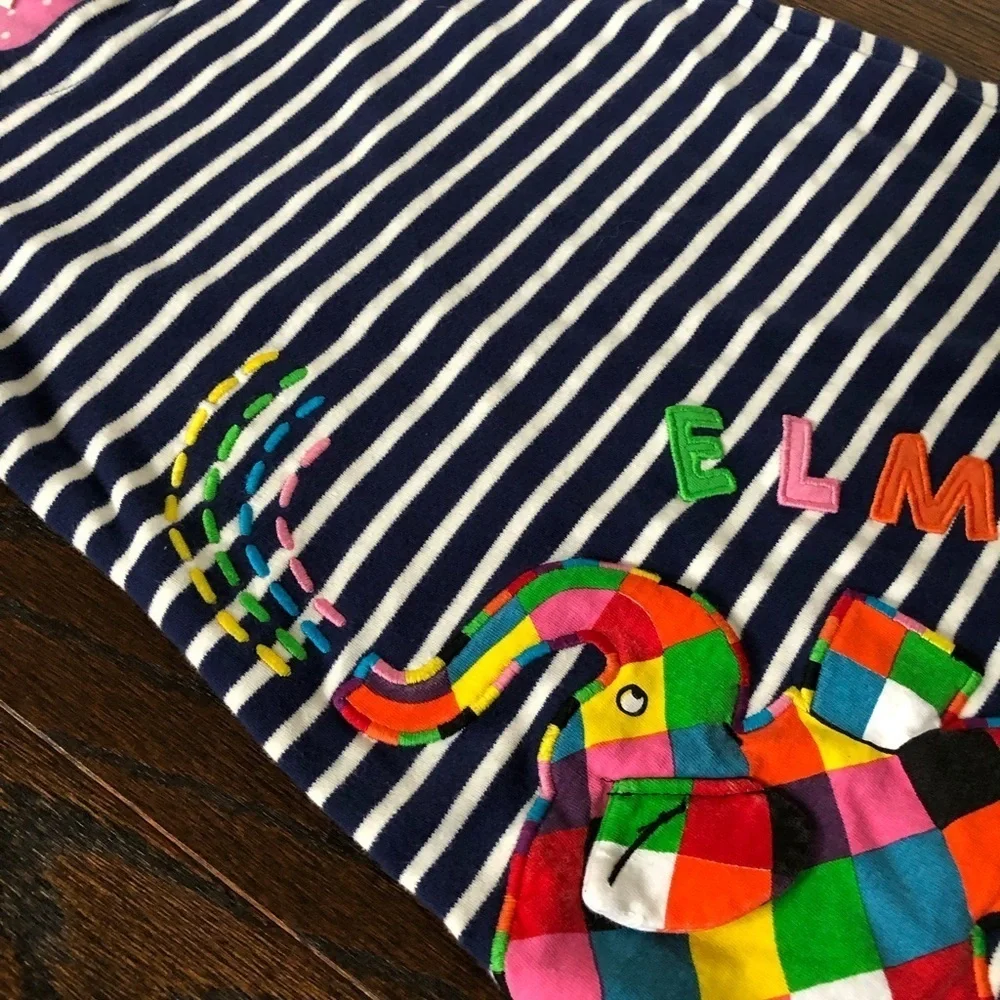 JoJo Maman Bébé Girls 3-4 Navy Blue Striped Elmer Elephant Appliqué A-Line Dress